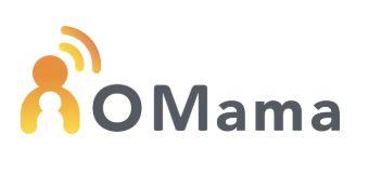 Logo with an abstract orange figure and wireless signals, followed by the text 'O Mama' in dark gray.