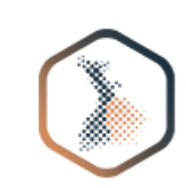 A digital logo with a stylized flask made of blue and orange dots, enclosed in a tilted hexagon outline.