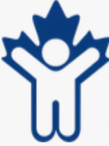 A stylized blue and white illustration of a person with arms raised, enclosed by a maple leaf shape.