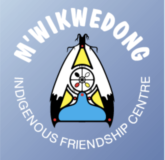Logo for 'In Wiki Wedong' featuring a butterfly with a circular emblem with multicolored dots and a small blue seat or cushion, surrounded by the text 'In Wiki Wedong' and 'Dignous Friendship Centre'.