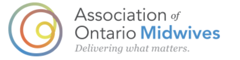 Logo of the Association of Ontario Midwives with multicolored concentric circles and text