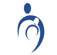 A stylized logo featuring a person with a cane and a child, in blue and white.