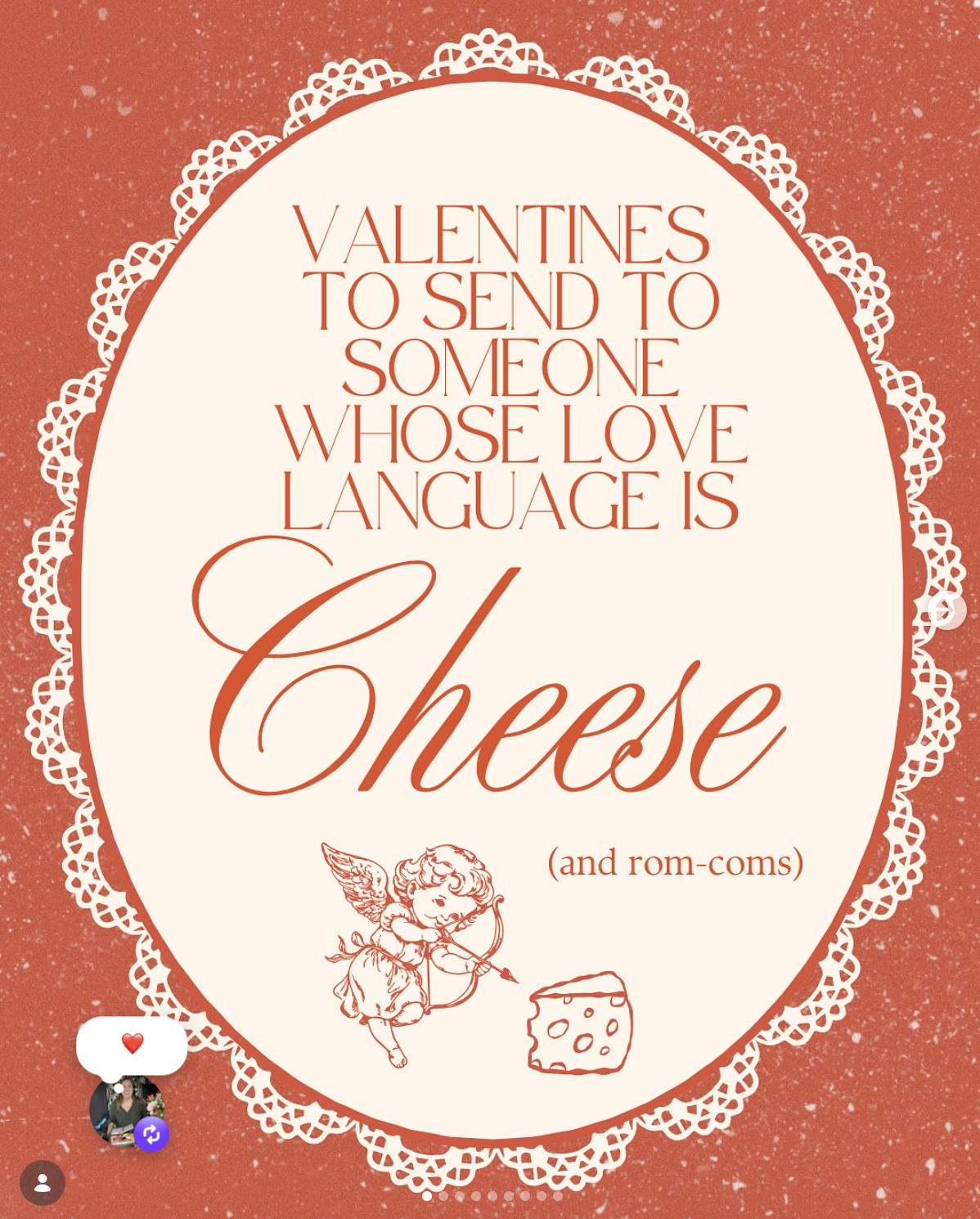 Valentine's Day card with text saying, "Valentines to send to someone whose love language is cheese (and rom-coms)." The card has a red background with white speckles, a lace border, a cute angel drawing holding a bow and arrow, and a piece of cheese.