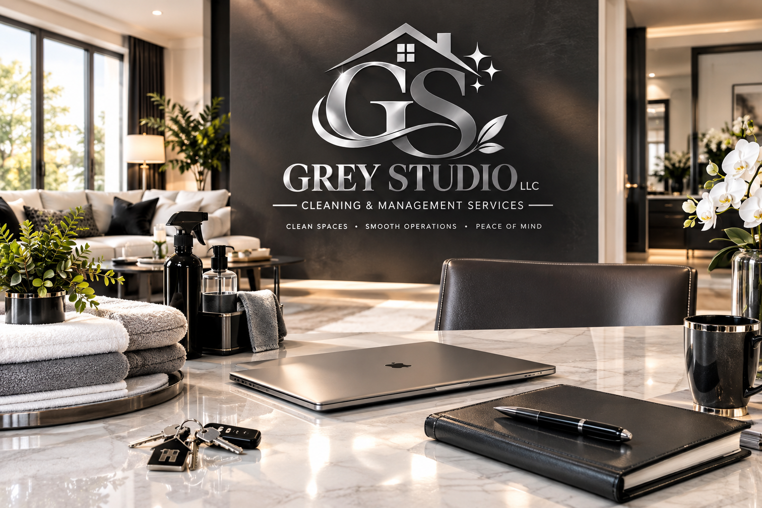 Modern office reception area with a black wall displaying Grey Studio LLC logo and tagline, a marble table with a closed laptop, a black leather notebook and pen, a coffee mug, cleaning supplies, potted plants, and in the background a seating area with white sofa and large windows.