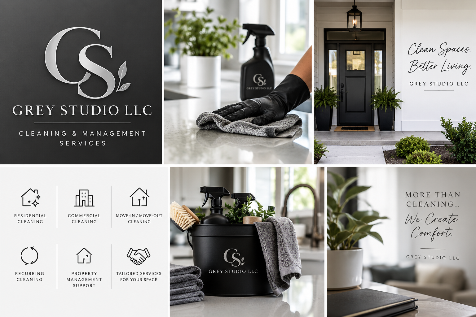 Collage of images showing GREY STUDIO LLC cleaning services. Top left: company logo on a black background. Top middle: hand in black glove wiping a surface with a gray cloth and spray bottles nearby. Top right: black front door with potted plants, with the text "Clean Spaces. Better Living.". Bottom left: icons depicting different cleaning services with labels. Bottom middle: cleaning supplies including spray bottles and towels. Bottom right: potted plant on a table with a quote "More Than Cleaning... We Create Comfort.".