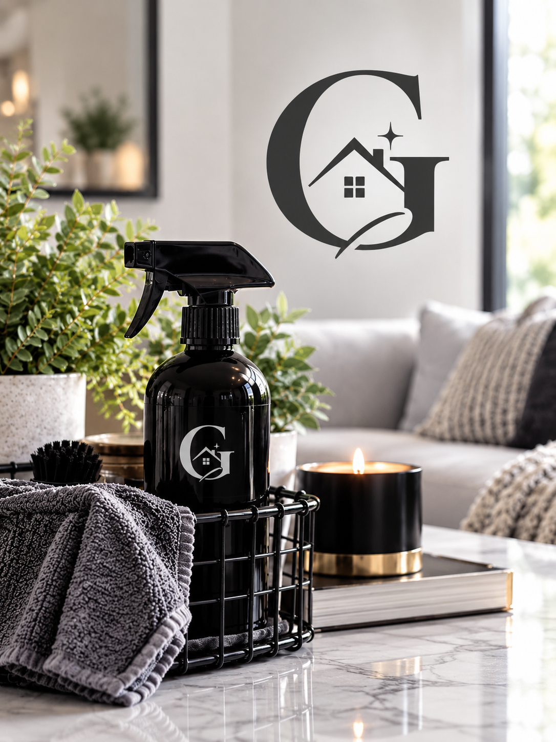 A black spray bottle with a logo of a house inside a crescent moon and star, placed in a wire basket on a marble table, next to a lit candle, with a potted plant and a living room with a couch in the background.