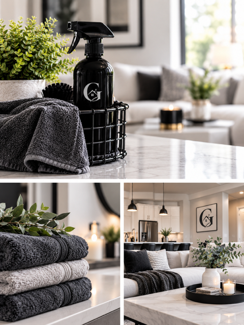 A collage of three images showing home decor and cleaning supplies in a modern living space. The top image features a black spray bottle with a house logo in a wire basket, with towels and a plant nearby. The bottom left image displays neatly folded towels in shades of gray on a marble surface, with a blurred background of a plant and lights. The bottom right image shows a cozy living room with a white sofa, black cushions, a candle, and a large framed house logo on the wall.