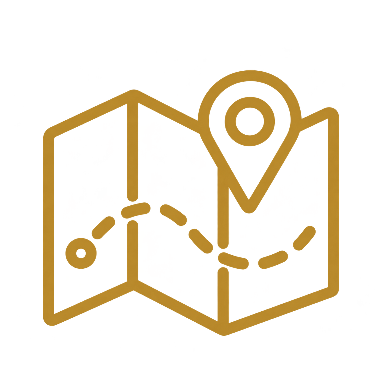 Gold outline of a folded map with a location pin icon on top, and a dashed route path connecting points on the map.