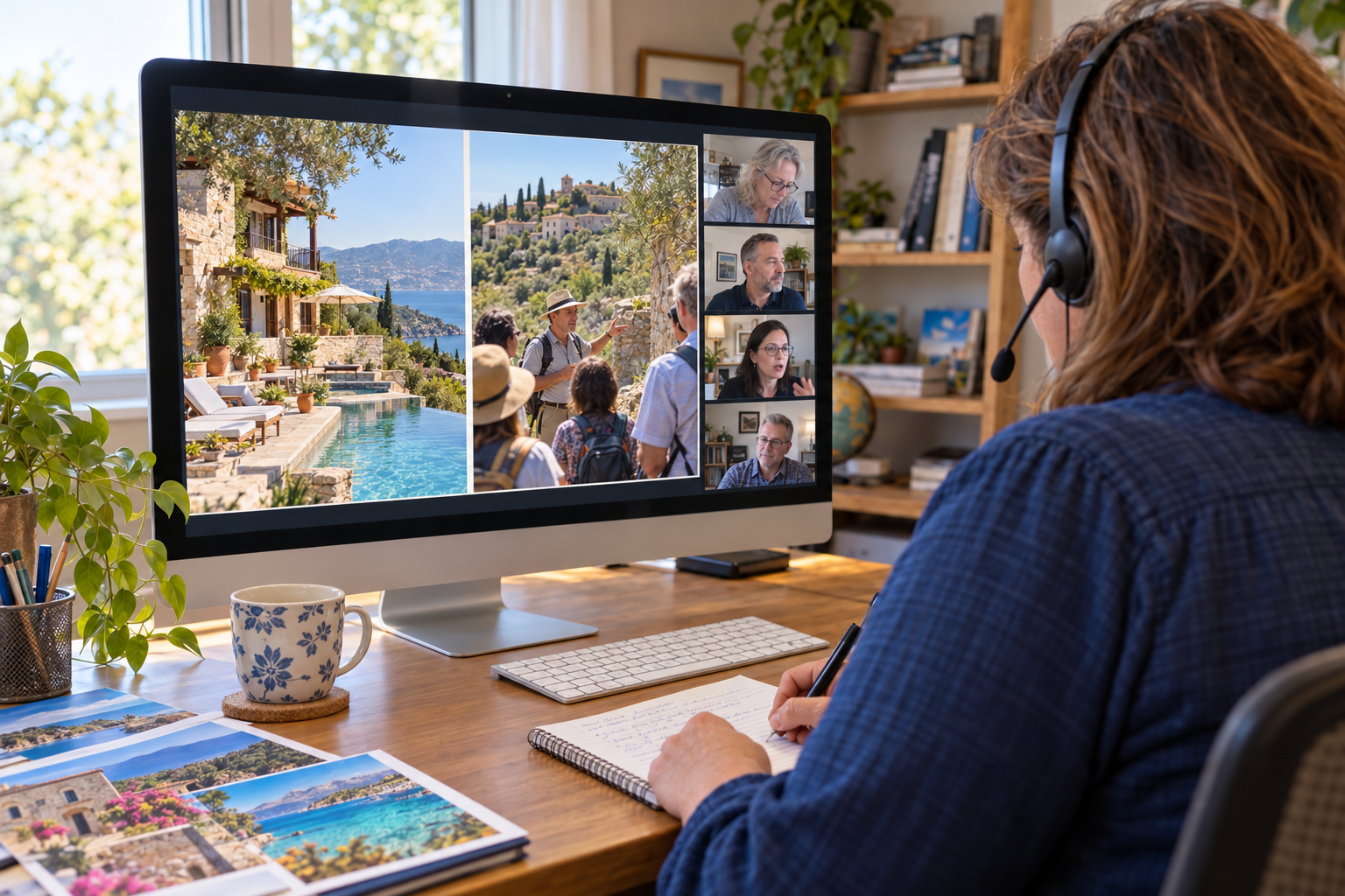 Woman wearing headset participating in video conference call at home, with travel photos on desk and a large monitor showing outdoor vacation scenes and multiple meeting participants.