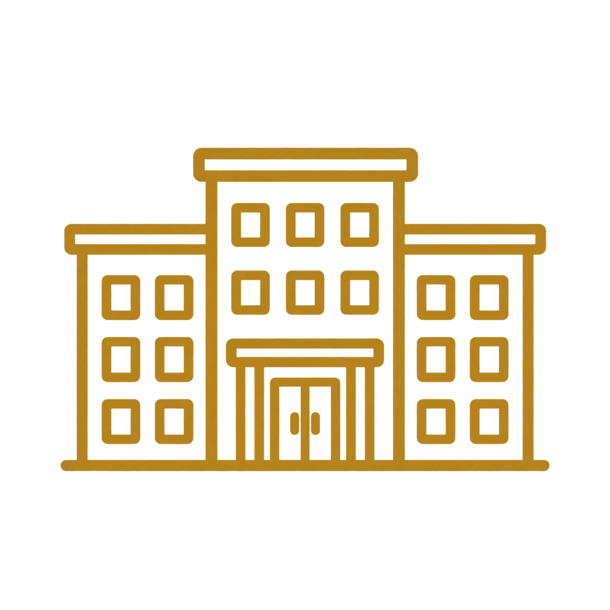 Illustration of a modern multi-story yellow building with large windows and a central entrance.