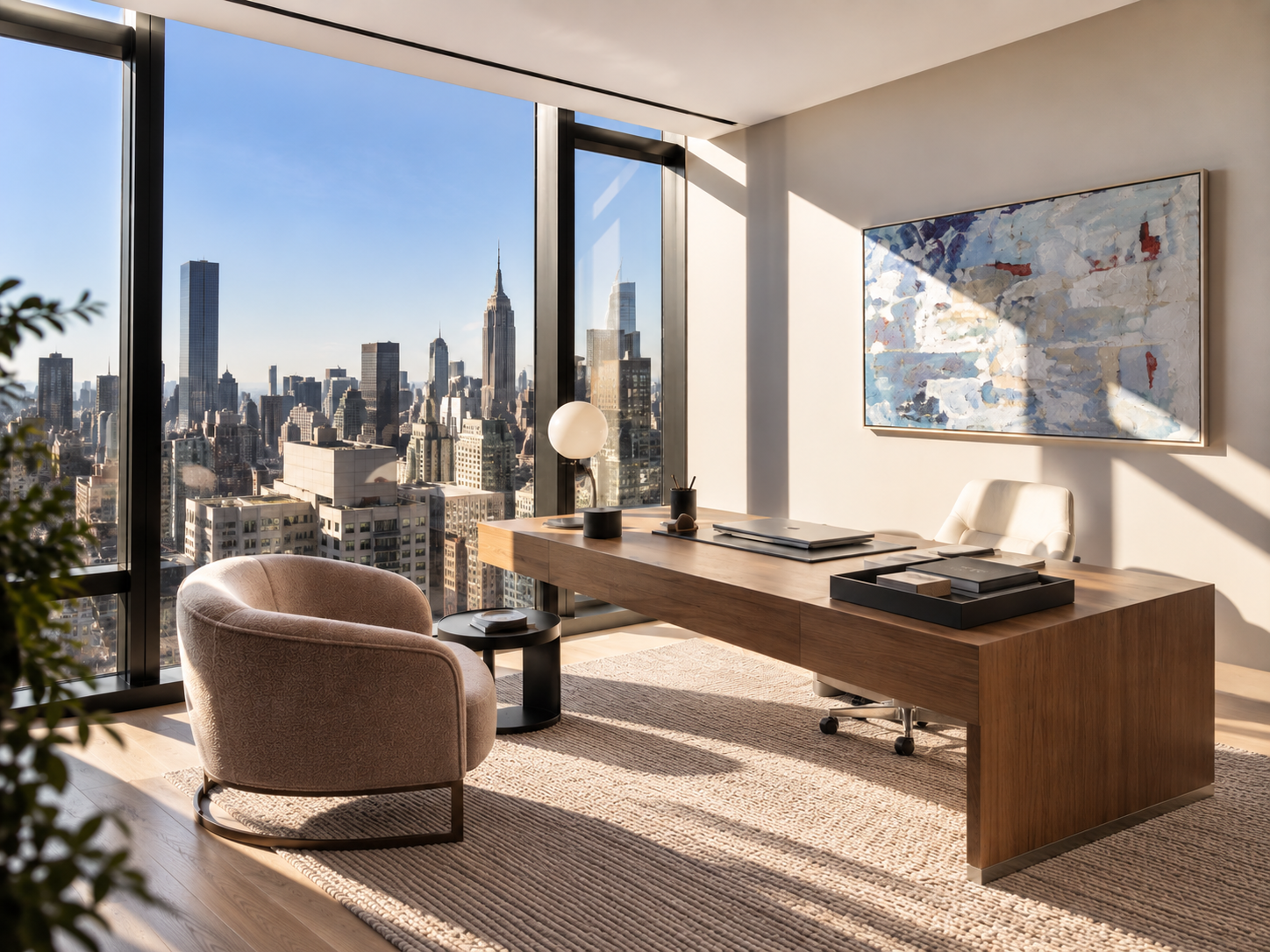 Modern office with wooden desk, pink upholstered chair, white leather office chair, abstract painting on wall, large windows showing New York City skyline, sunlit interior, and a beige rug.