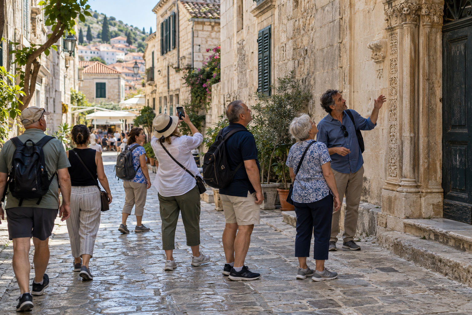 A group of tourists on a cobblestone street in a historic European town, with some taking photos or listening to a tour guide, surrounded by stone buildings with shutters and potted plants.