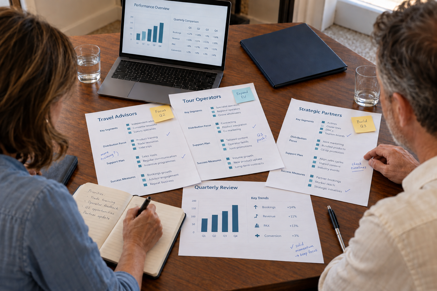 Two people sit at a wooden table reviewing business documents, charts, and a laptop displaying performance graphs. The documents include sections on travel advisors, tour operators, and strategic partners with handwritten notes and checkmarks.