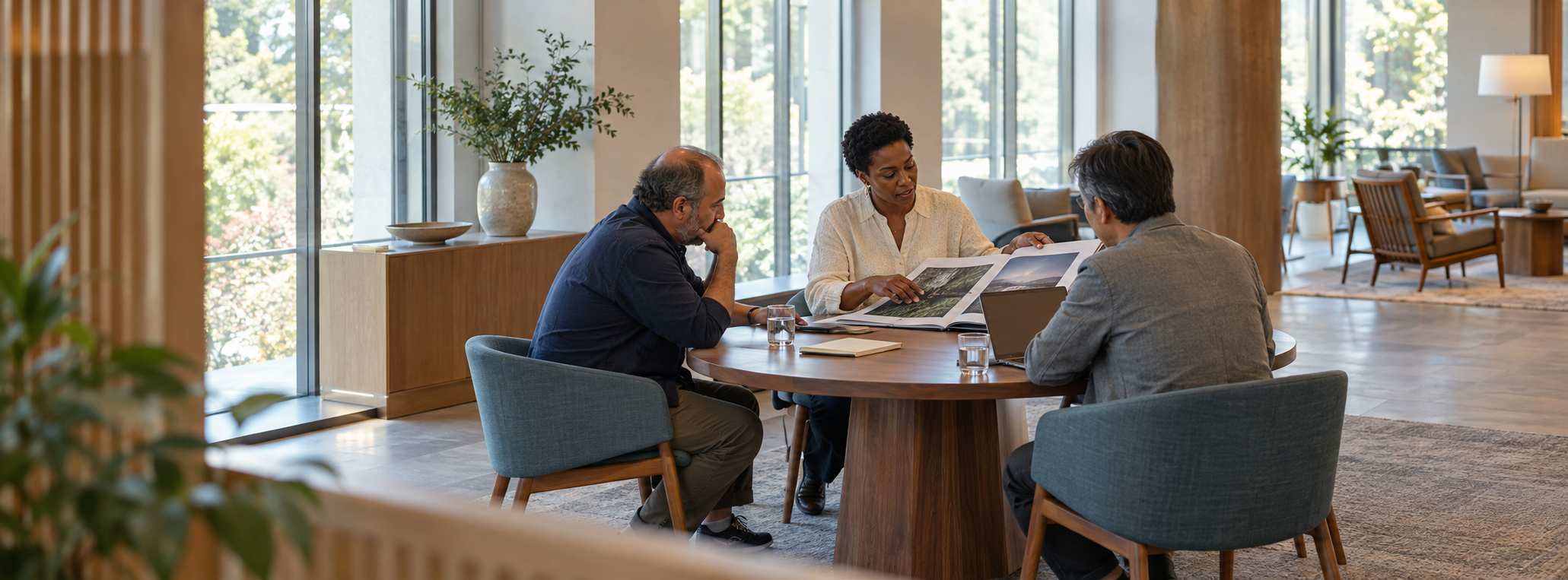 Three people are sitting around a wooden table in a bright, modern room with large windows. They are engaged in a discussion, looking at printed photos and a laptop. There are glasses of water on the table, and the room has plants and comfortable seating.