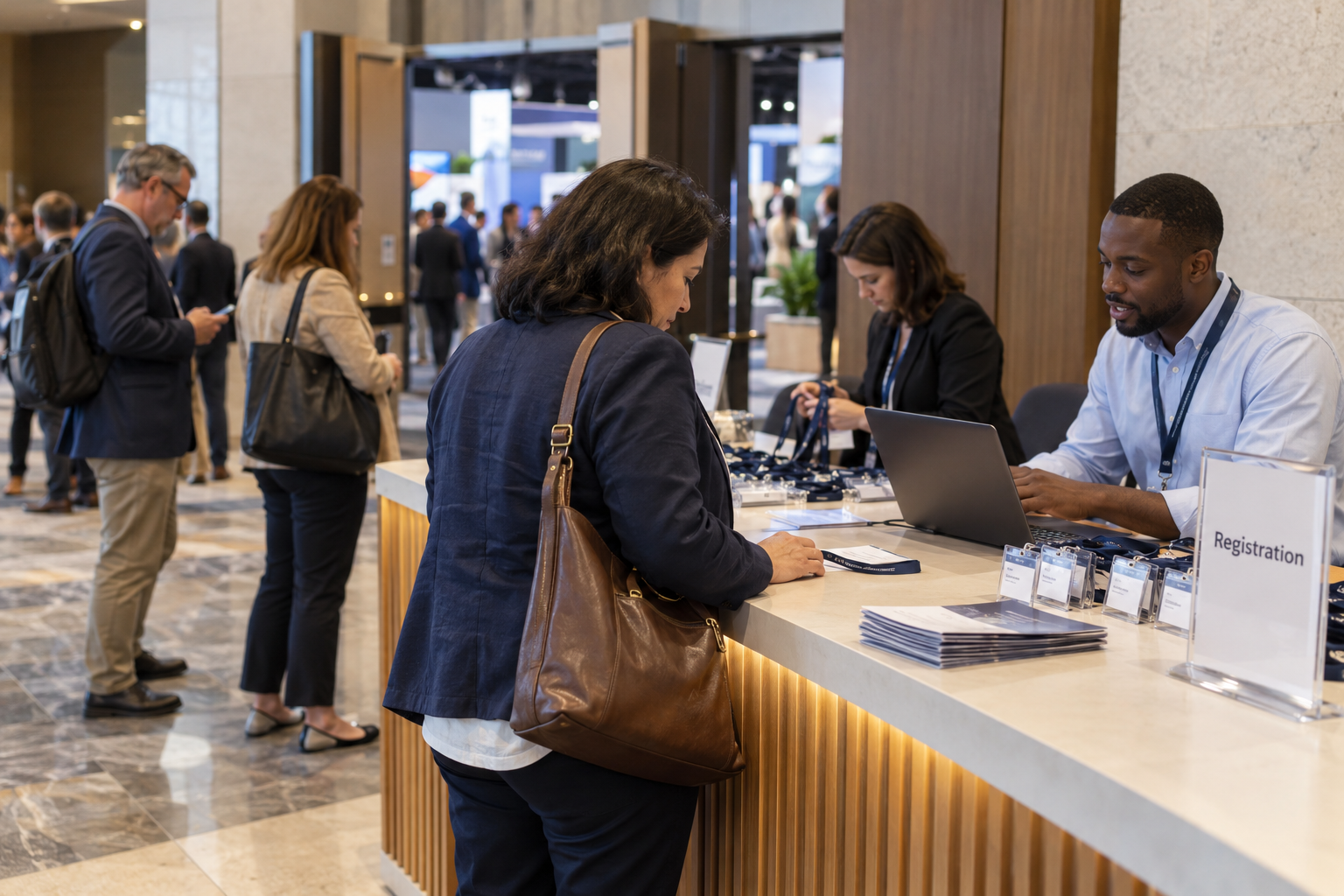 A woman registering at a conference registration desk, speaking with staff member with a laptop, with other attendees in line and a busy conference hall in the background.