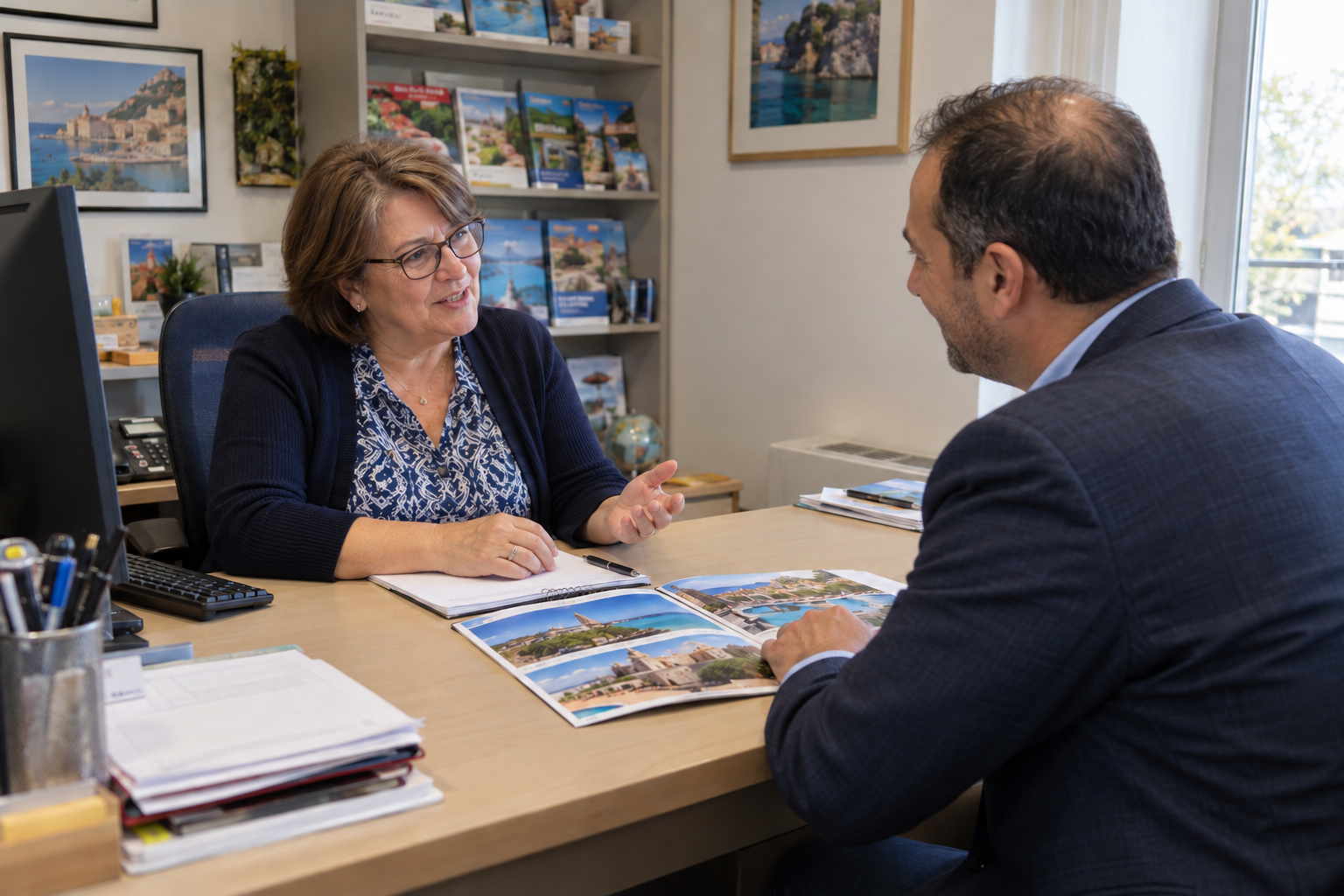A woman and a man sitting at a desk having a conversation. The woman appears to be explaining something and there are travel brochures and magazines opened on the desk.
