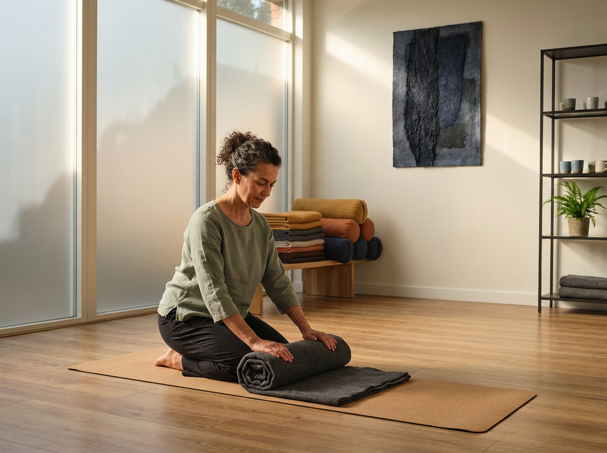 A woman in a yoga studio preparing for meditation, kneeling on a brown mat and rolling up a dark gray blanket, with a minimalist interior including a large window, a colorful stack of blankets, a black shelf with cups and a potted plant, and a large abstract painting on the wall.