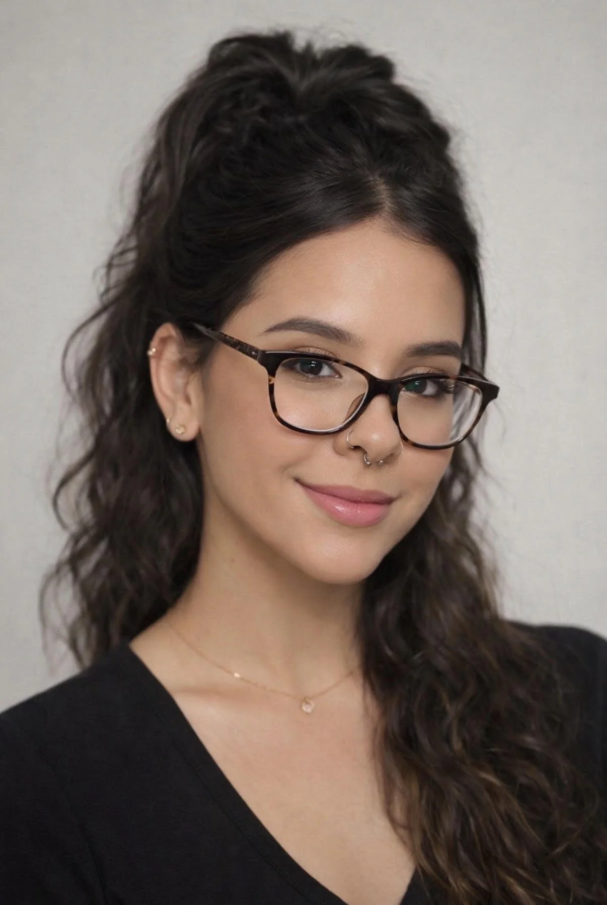 A young woman with curly brown hair wearing glasses, a nose ring, earrings, and a necklace, smiling slightly at the camera against a plain background.