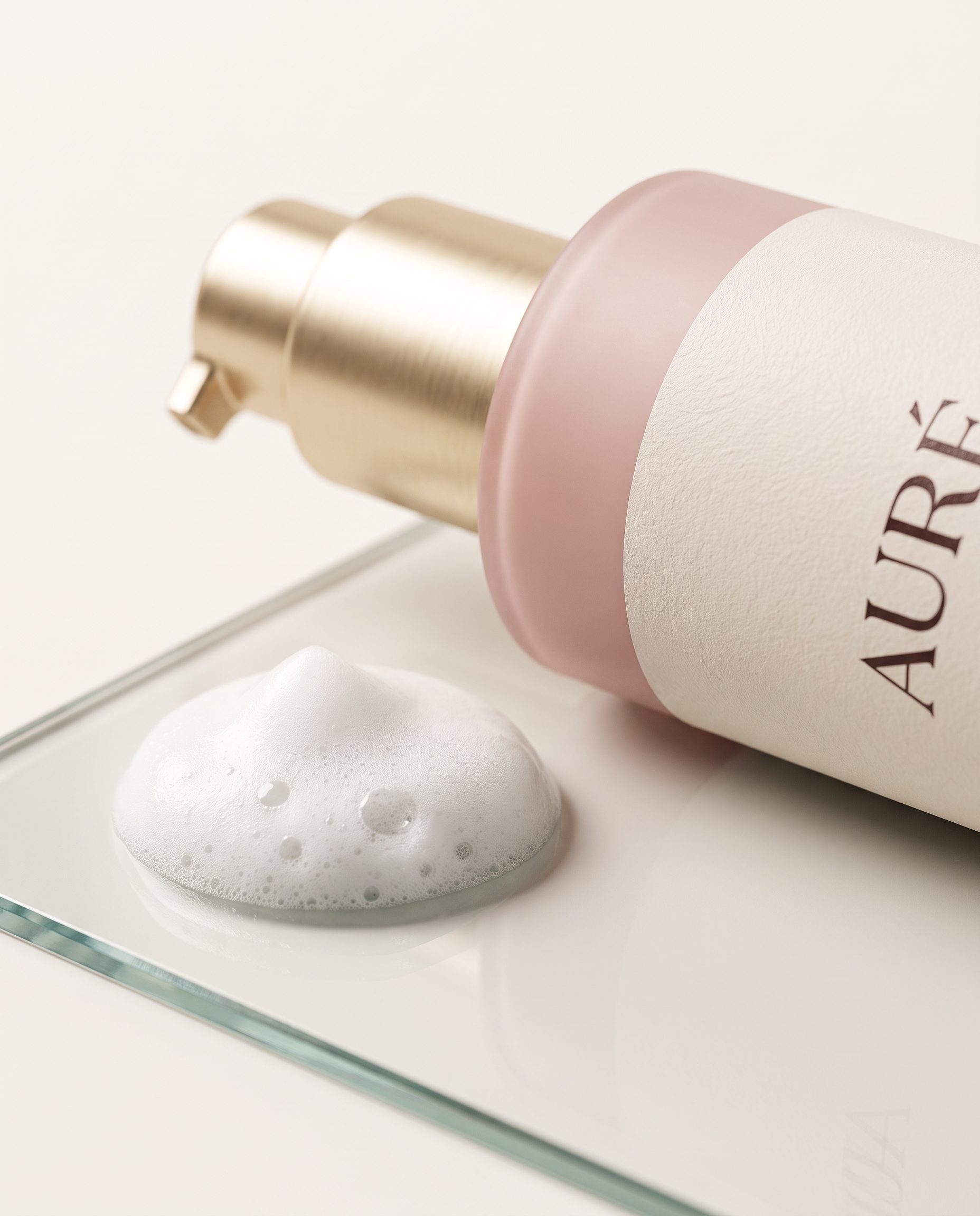 Close-up of a pink and white skincare product bottle with a metallic pump, resting on a glass surface with bubbly foam in foreground.