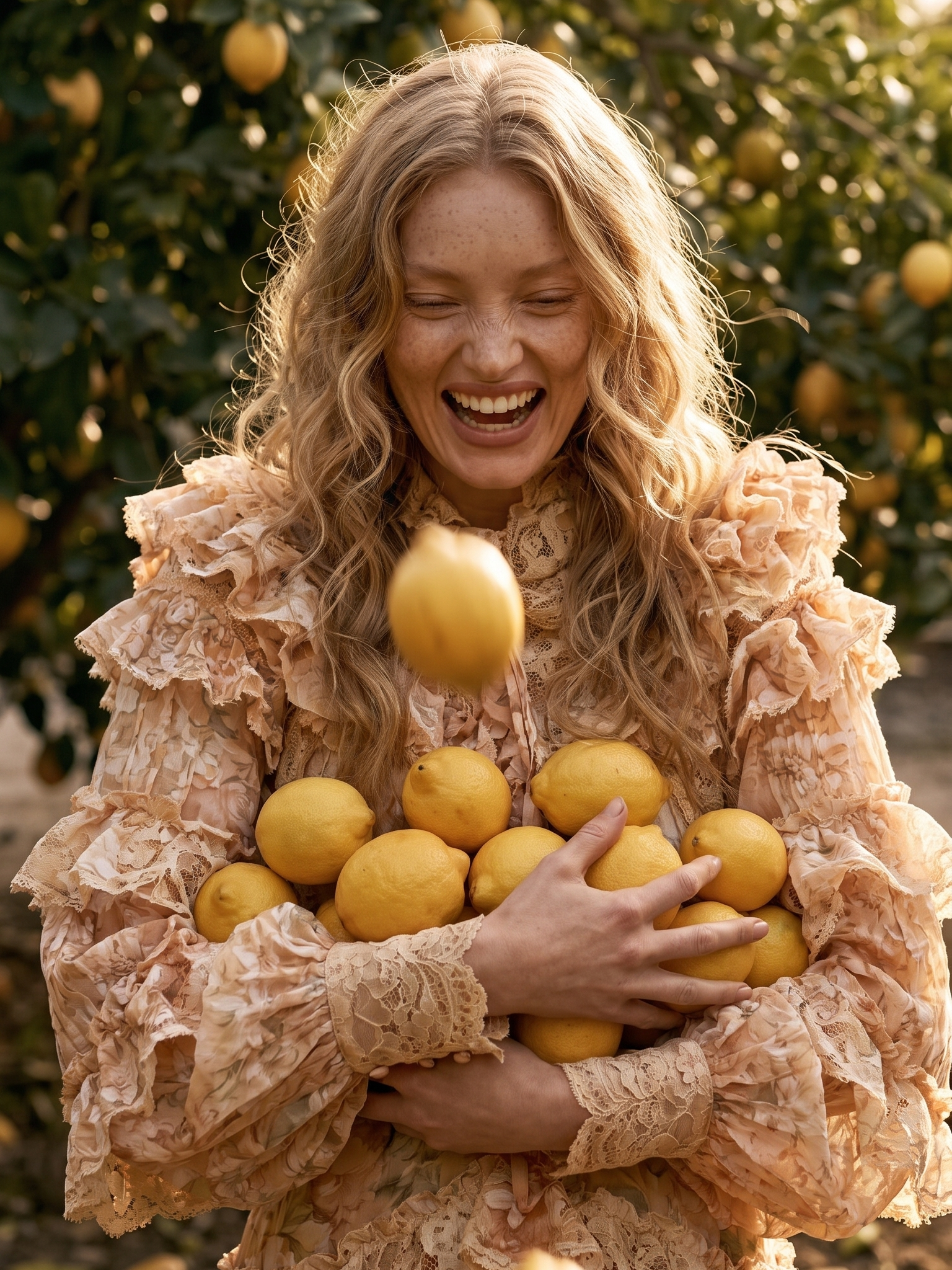 A woman with curly blonde hair, smiling and closing her eyes, holding a bunch of yellow lemons in her arms, standing in an orchard of lemon trees.