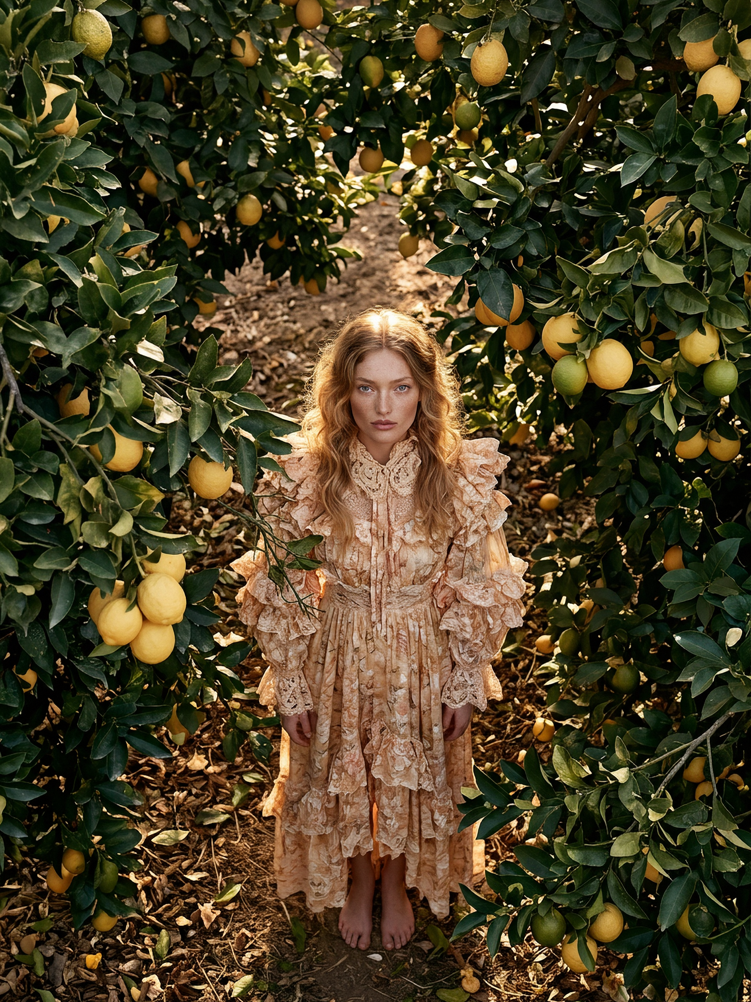 A woman with long curly hair and freckles, dressed in a vintage, ruffled dress with lace details, standing barefoot in an orchard surrounded by lemon tree branches filled with ripe lemons.