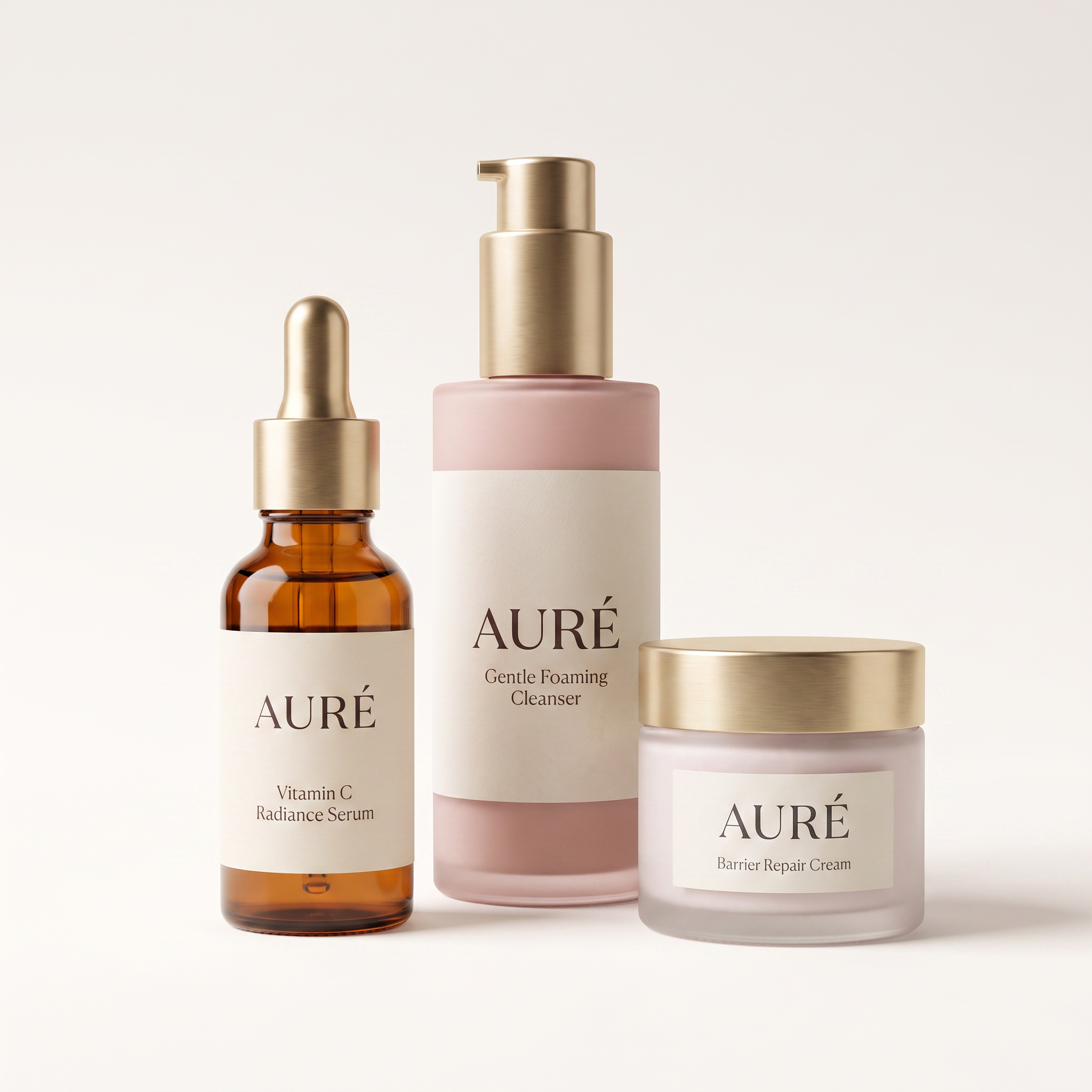Three skincare product bottles with white labels and gold caps, arranged from left to right, featuring AURÉ branding and product names such as Vitamin C Radiance Serum, Gentle Foaming Cleanser, and Barrier Repair Cream, against a plain background.