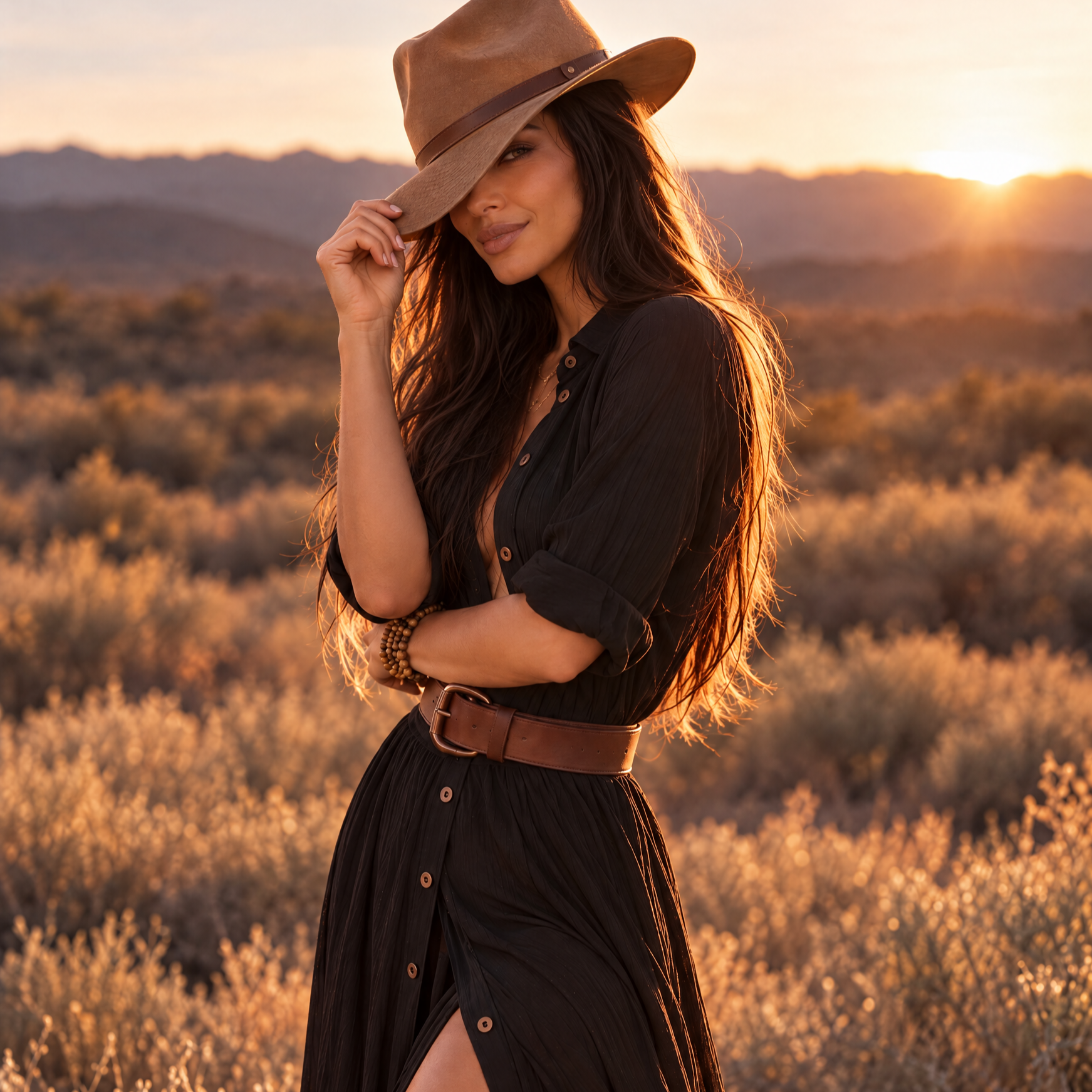 A woman with long dark hair wearing a brown hat, black dress, and jewelry standing outdoors during sunset in a field with mountains in the background.
