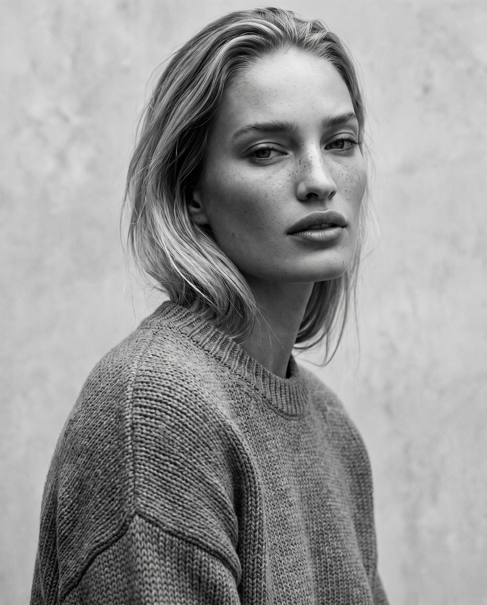 Black and white portrait of a young woman with light hair wearing a textured sweater against a plain background.