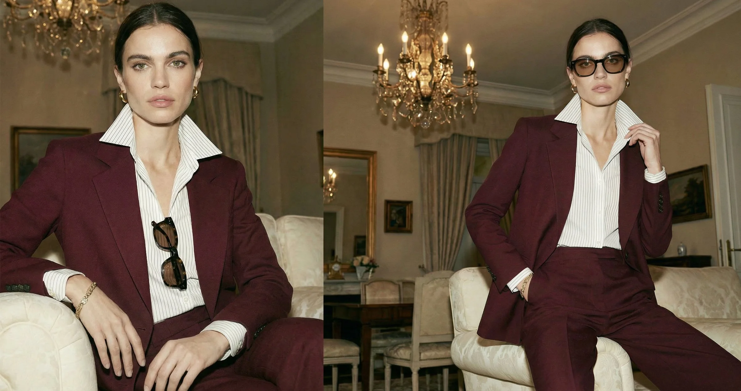 Woman in a maroon suit with striped shirt and sunglasses, sitting on a cream-colored sofa in a luxurious room with a chandelier and framed artwork on the walls.
