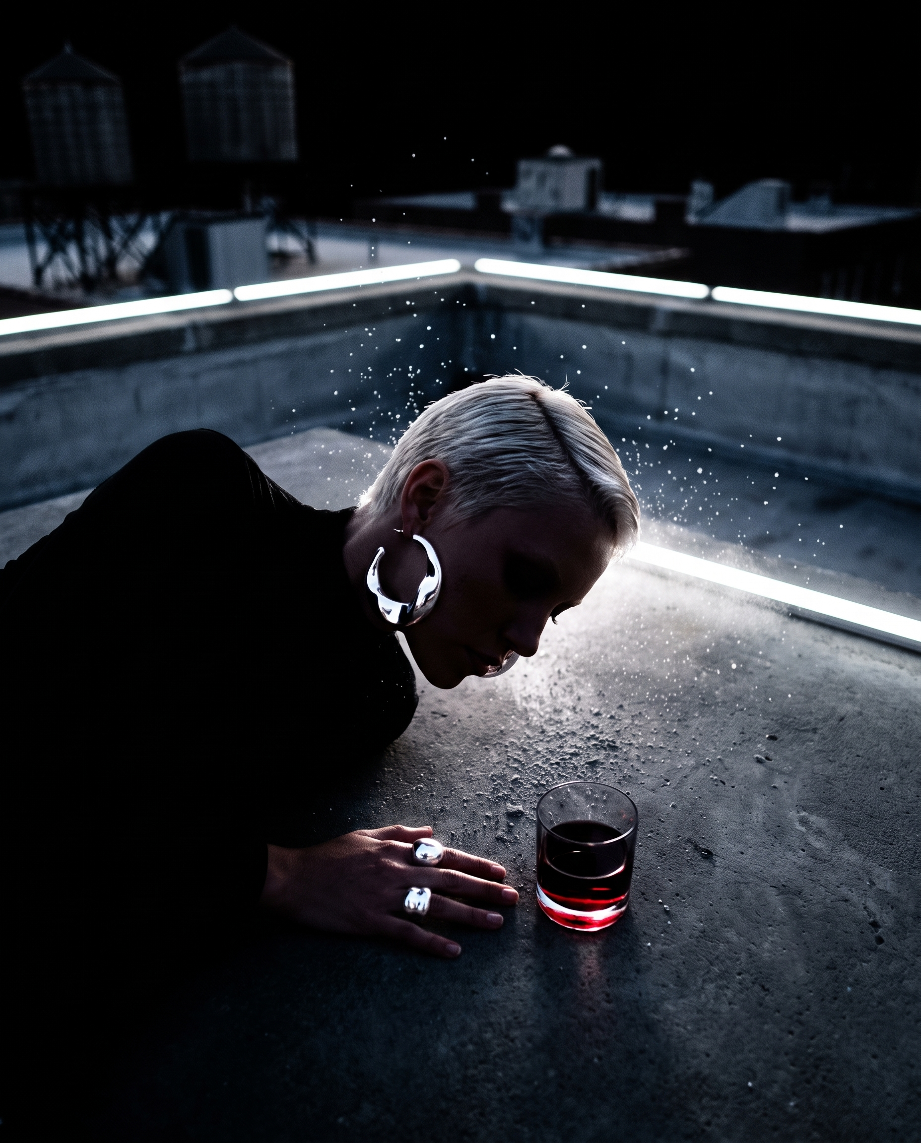 On a rooftop at night, a person with platinum blonde hair is partially visible, with water droplets splashing around. In the foreground, a hand with jewelry is reaching towards a glass of red wine placed on the ground. The background features the dark rooftop with some rooftop equipment and structures illuminated by a white LED strip.