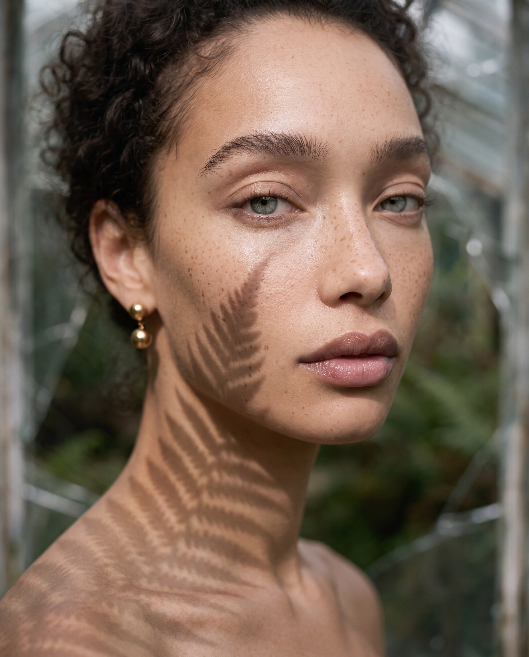 Close-up of a woman with short curly dark hair, light skin with freckles, wearing gold earrings, outdoors with greenery and metal structure in background.