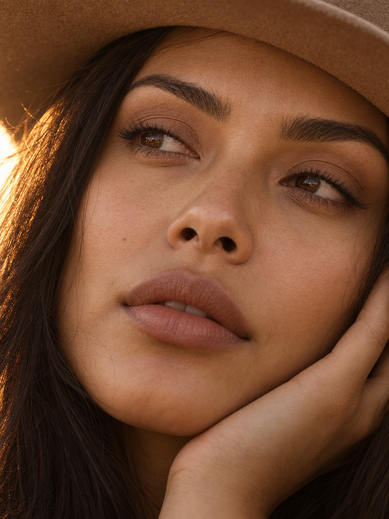 Close-up of a woman with long dark hair wearing a beige hat, touching her face gently, with warm sunlight highlighting her features.