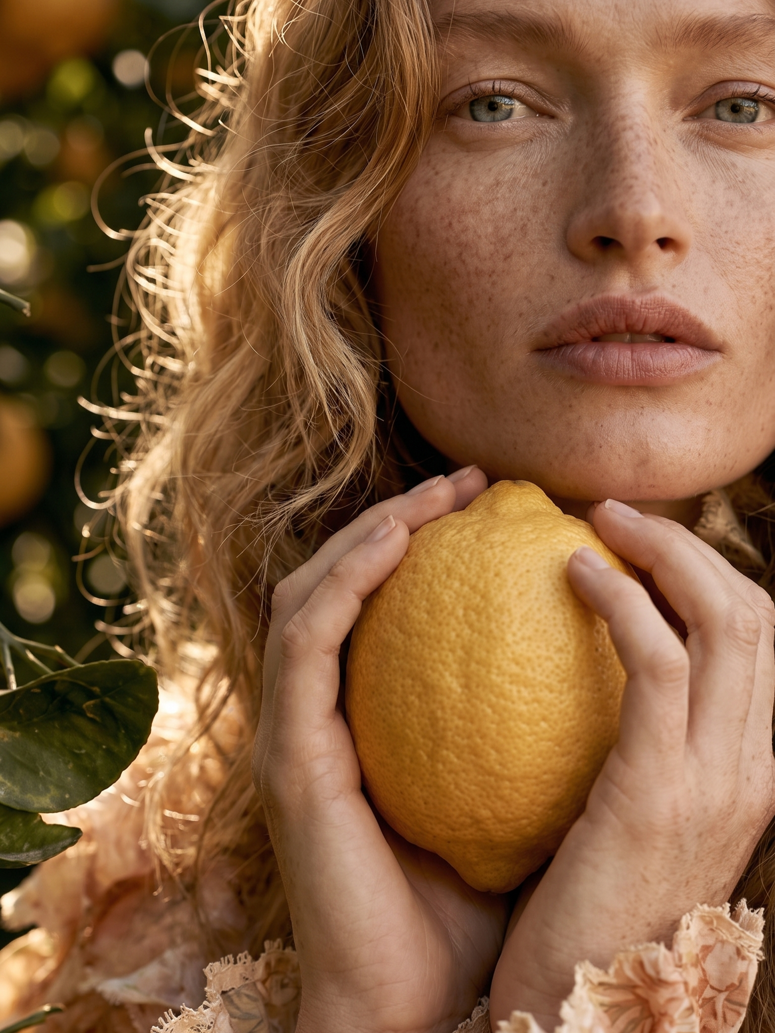 A close-up of a young woman with light skin and long, curly blonde hair, holding a large yellow grapefruit close to her face, with blurred autumnal foliage in the background.