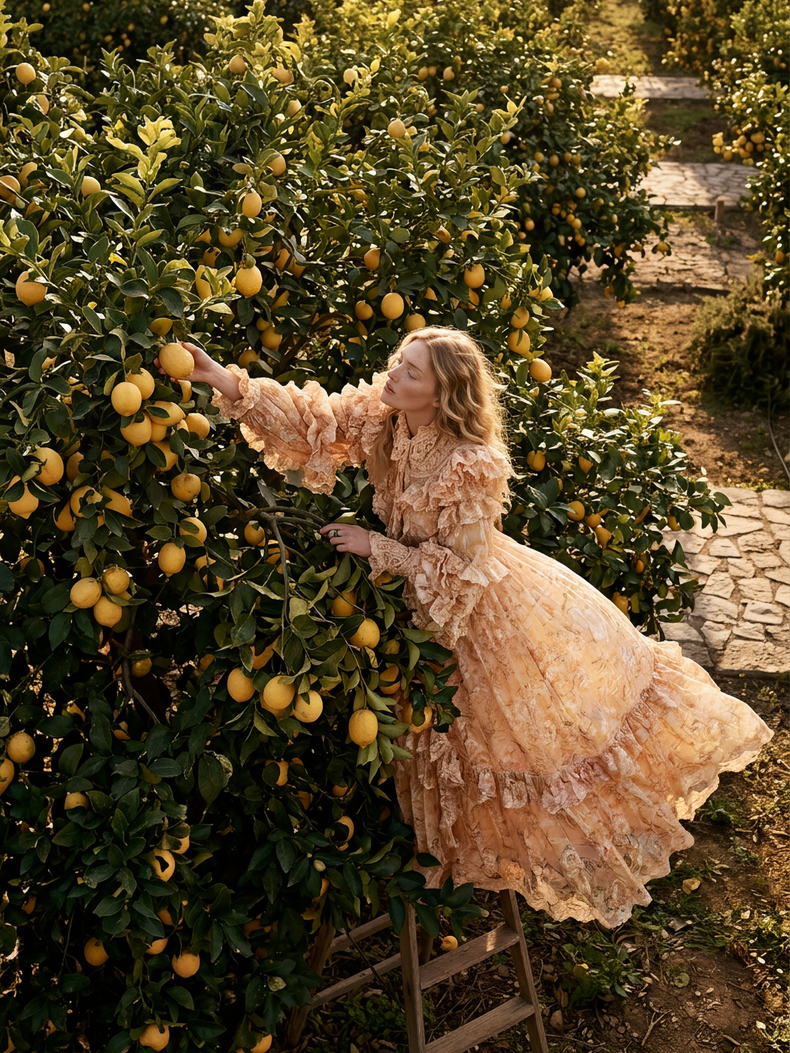 A woman dressed in a vintage, ruffled dress is picking lemons from a lush lemon tree in an orchard during sunset.