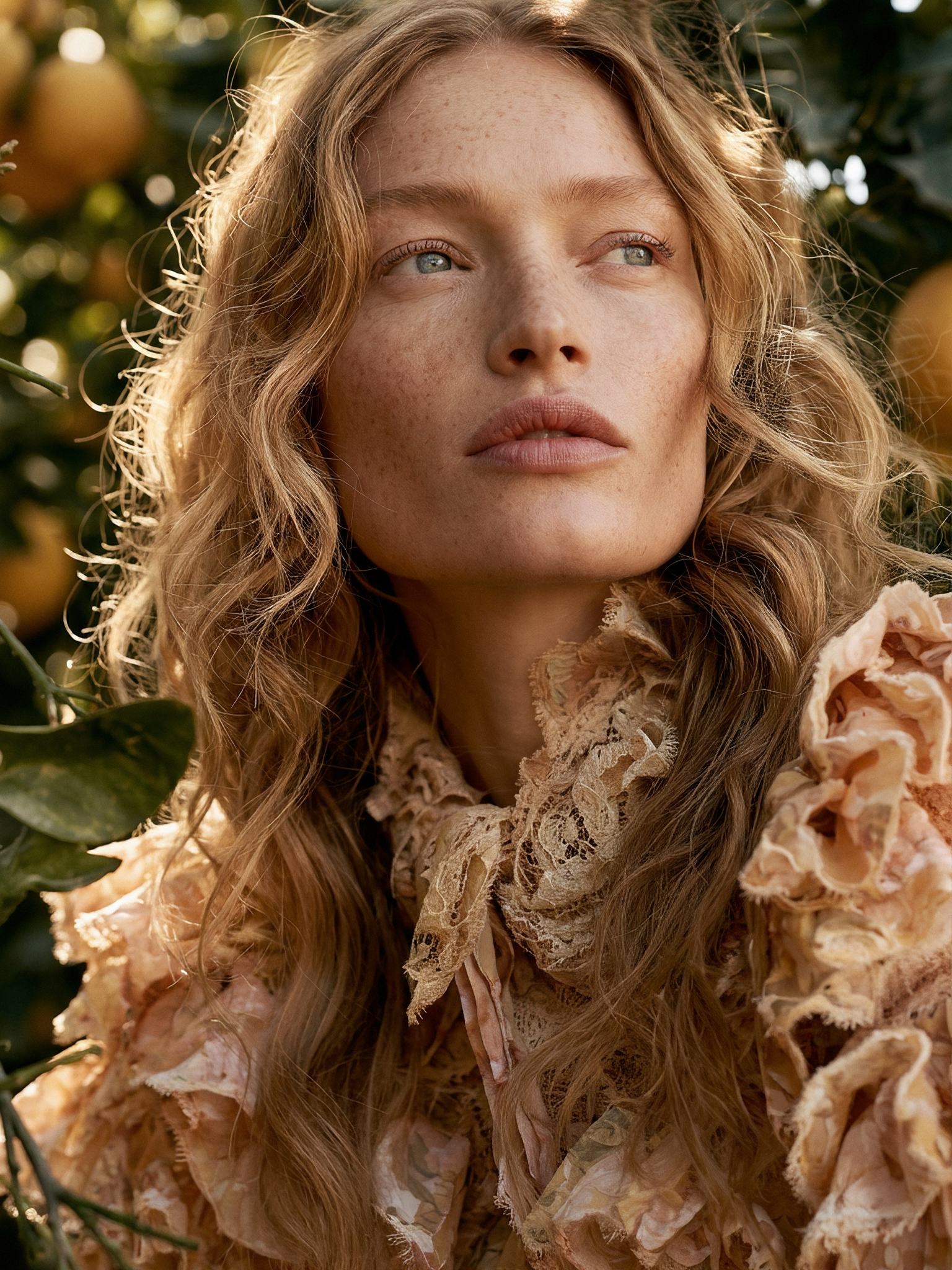 A close-up of a woman with long, wavy red hair and blue eyes, wearing a beige lace outfit with floral details, outdoors with greenery and orange fruits in the background.