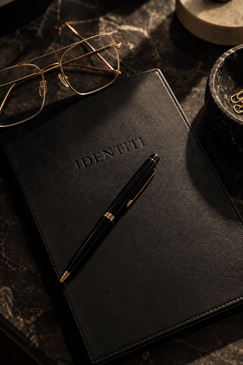 A black textured notebook with the word 'IDENTITY' embossed on the cover, a black pen resting on it, gold-rimmed eyeglasses, and a marble tray with small gold paper clips, all placed on a dark marble surface.