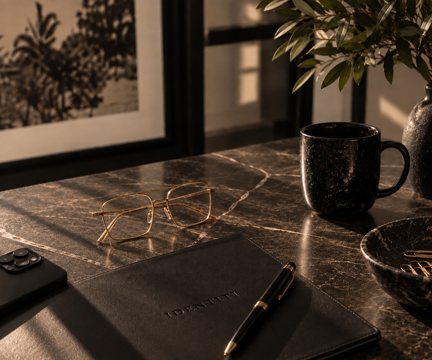 A marble desk with black and gold eyeglasses, a black notebook labeled 'IDENTITY,' a black and gold pen, a black speckled coffee mug, a black speckled bowl with gold paper clips, a black vase with green leaves, and a framed black-and-white artwork in the background.