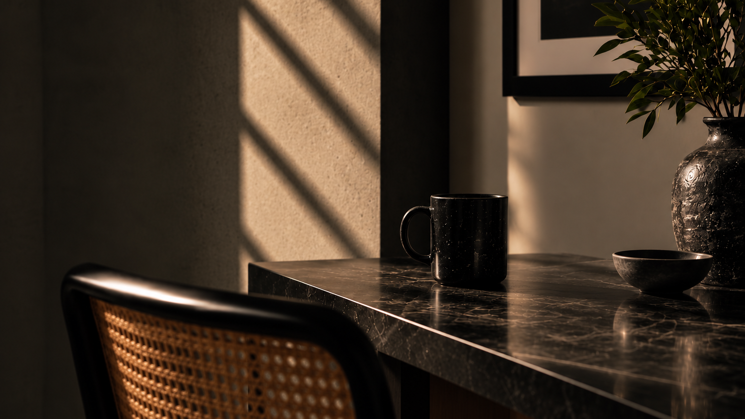 Sunlight creates diagonal shadows on a beige wall above a black marble table with a black mug, a bowl, and a decorative vase with greenery. Part of a chair with a woven back is visible in the foreground.