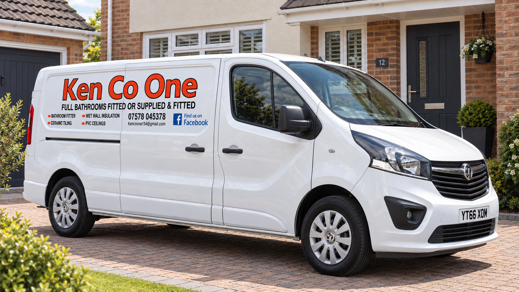 A white van parked in front of a residential house with a front door, windows, and landscaped garden. The van has advertising for Ken Co One, a bathroom fitting service, with contact details and Facebook information.