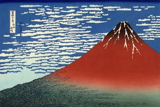 Vue du mont Fuji en bleu cobalt et terre de Sienne brûlée, Hokusai