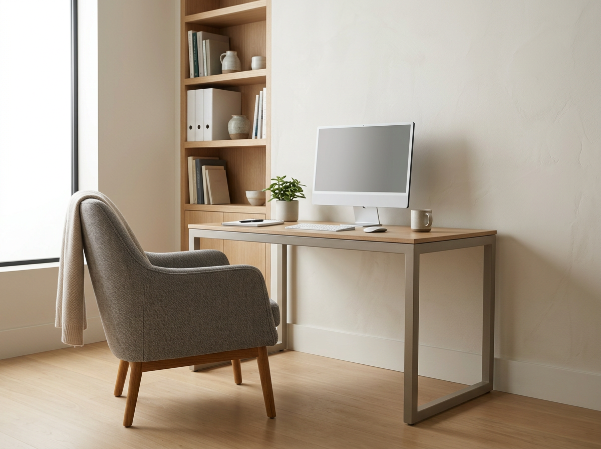 A minimalist home office setup with a gray armchair, a wooden desk, a desktop computer, a potted plant, and a white coffee mug. There are shelves with books and decorative items on the wall behind the desk.