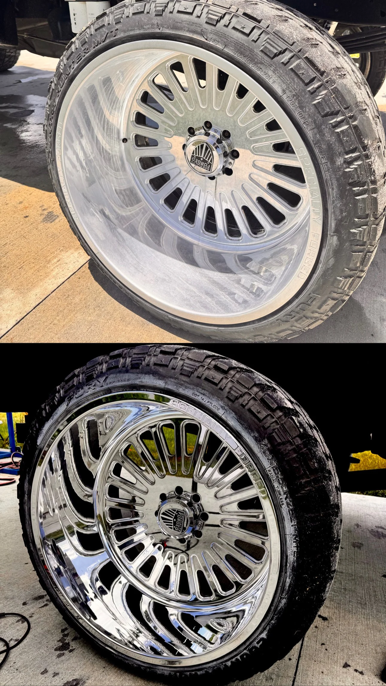Close-up of a car wheel with a chrome rim and a tire, shown in two images. The rim has a multi-spoke design with a central cap featuring a logo.