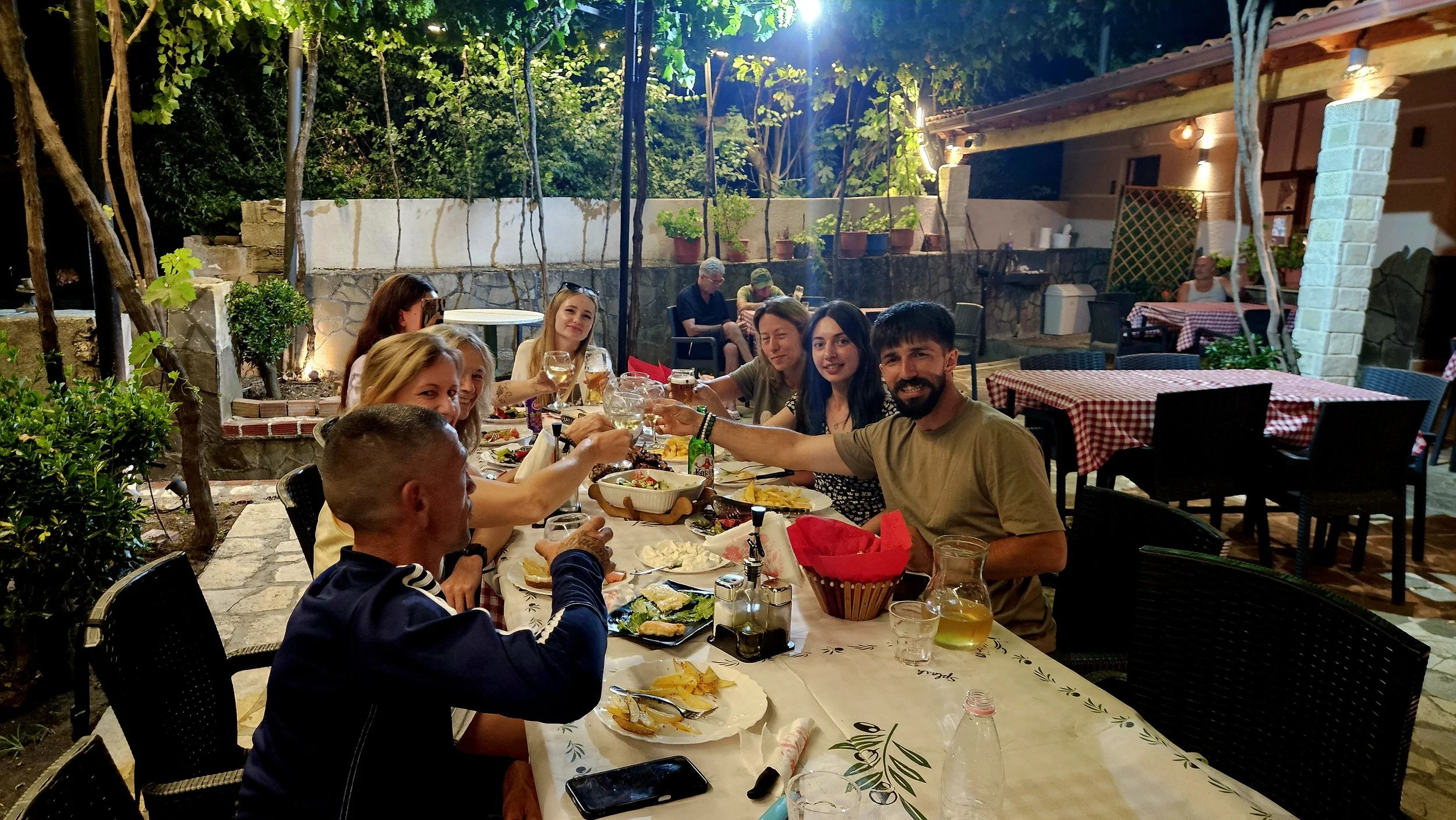 A group of people enjoying dinner outdoors at a long table covered with a tablecloth, with food and drinks, at night in a garden or patio area with trees and string lights.