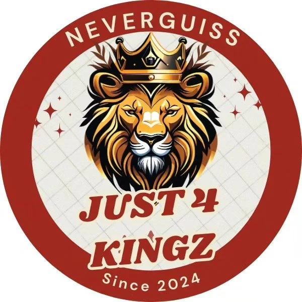 Logo featuring a lion with a crown, the words 'NEVERGUISS' at the top, 'JUST 4 KINGZ' in the center, and 'Since 2024' at the bottom, all enclosed in a red circular border.