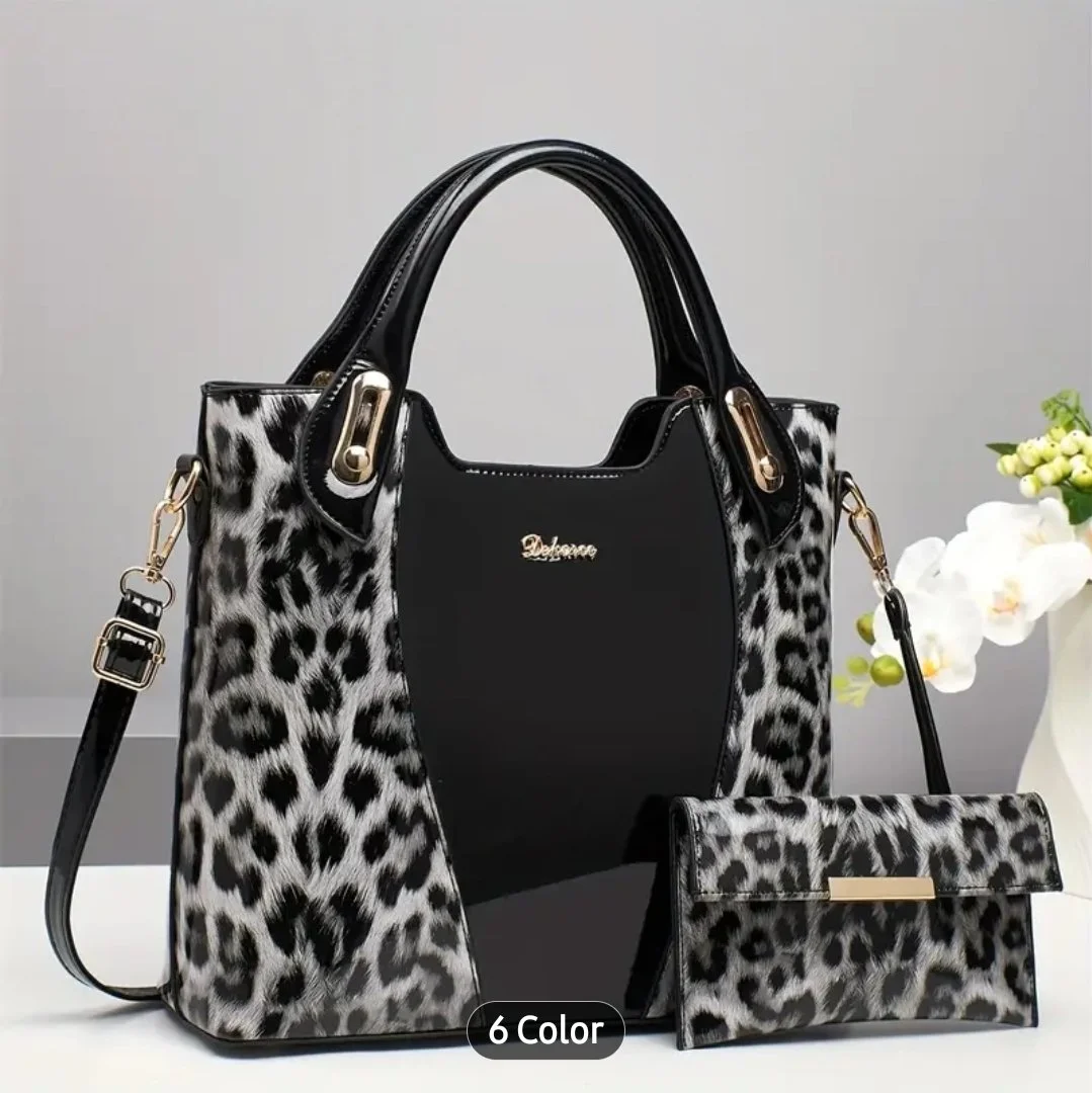 Leopard Print Handbag and Wallet Set