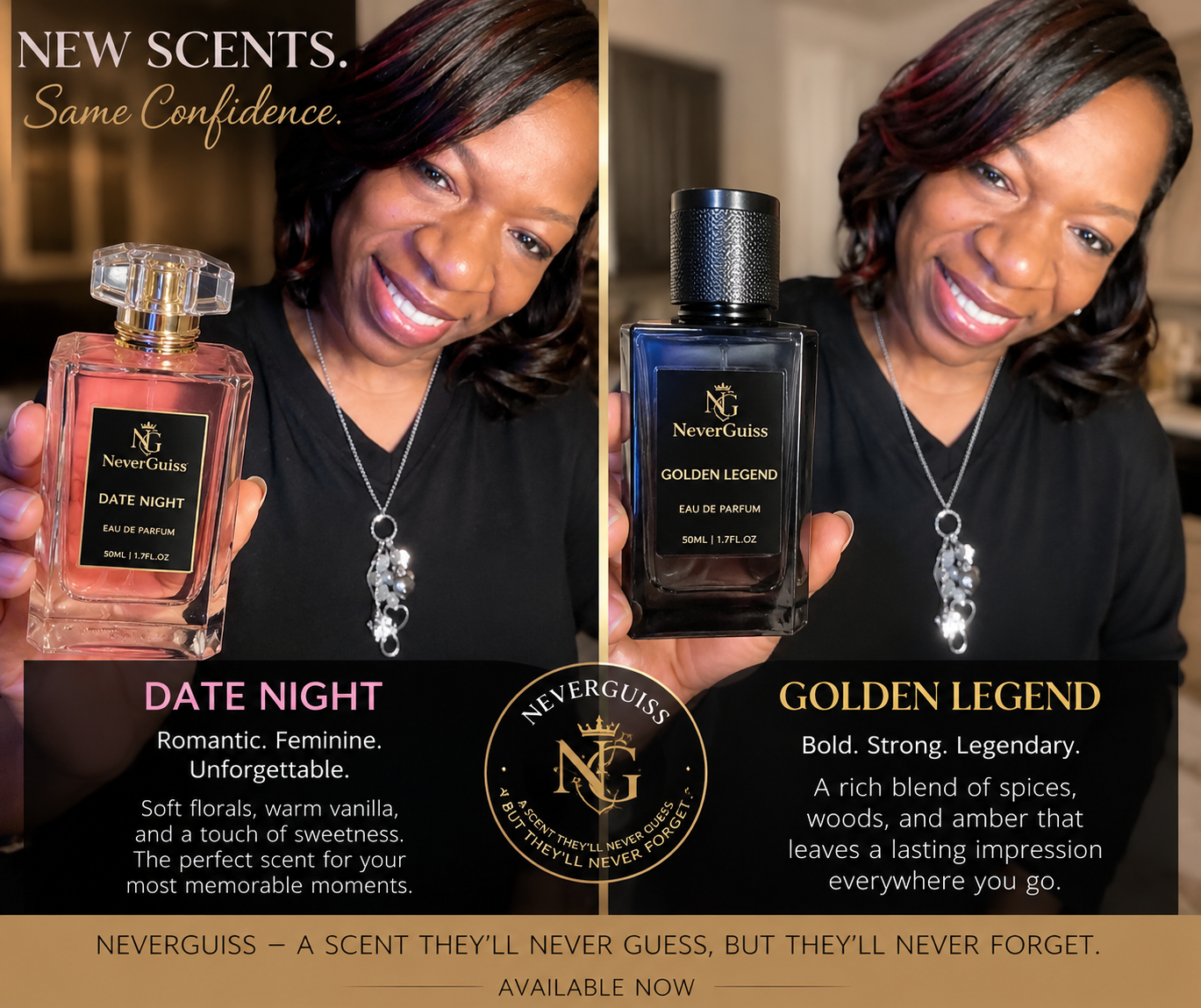 A woman smiling and holding two different bottles of perfume, one labeled Date Night and the other labeled Golden Legend, with promotional text for each scent. The background suggests an indoor setting.