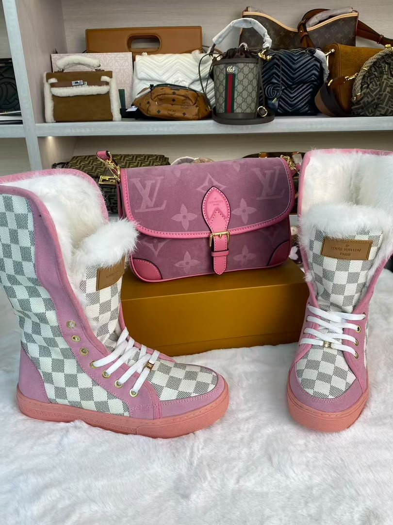 Pink Checkered High-Top Fur-Lined Boots