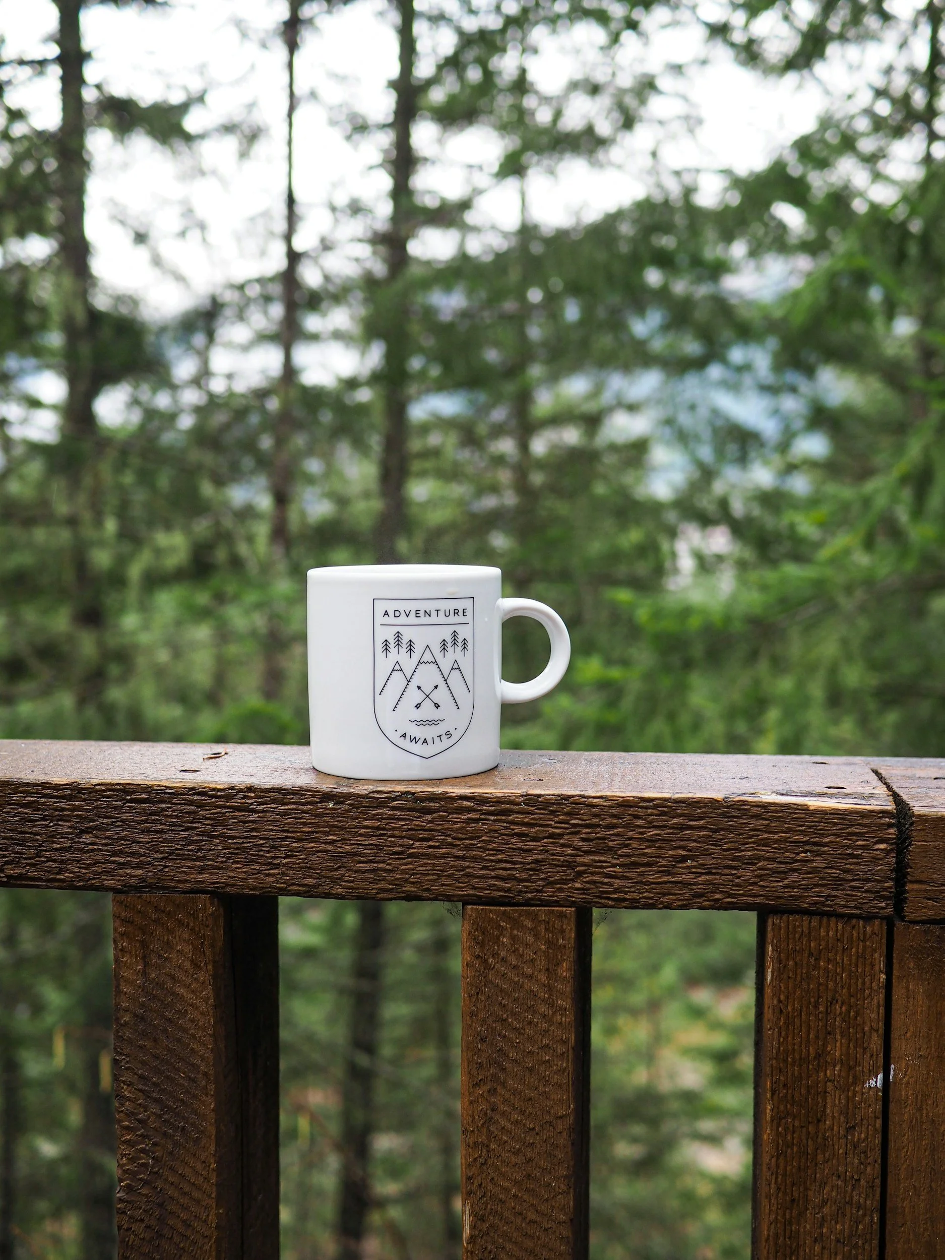 A white mug with a mountain and pine tree design and the words 'Adventure Awaits' stands on a wooden railing in an outdoor forest setting.