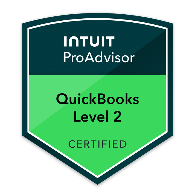 Badge with teal and green sections that reads 'INTUIT ProAdvisor' at the top, 'QuickBooks Level 2' in the middle, and 'CERTIFIED' at the bottom.