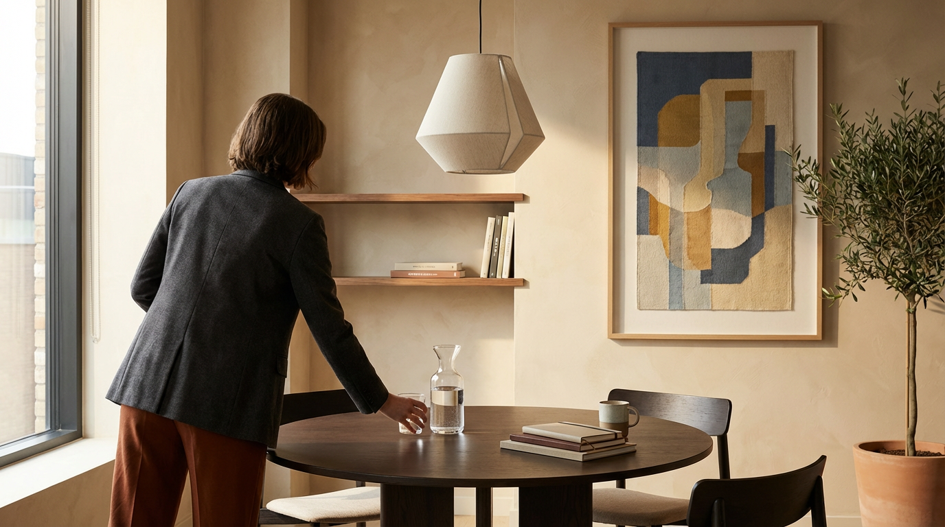 A woman in a grey blazer and brown pants setting a glass of water on a dark wooden round table in a modern dining room with beige walls, abstract artwork, large potted plant, and a window.